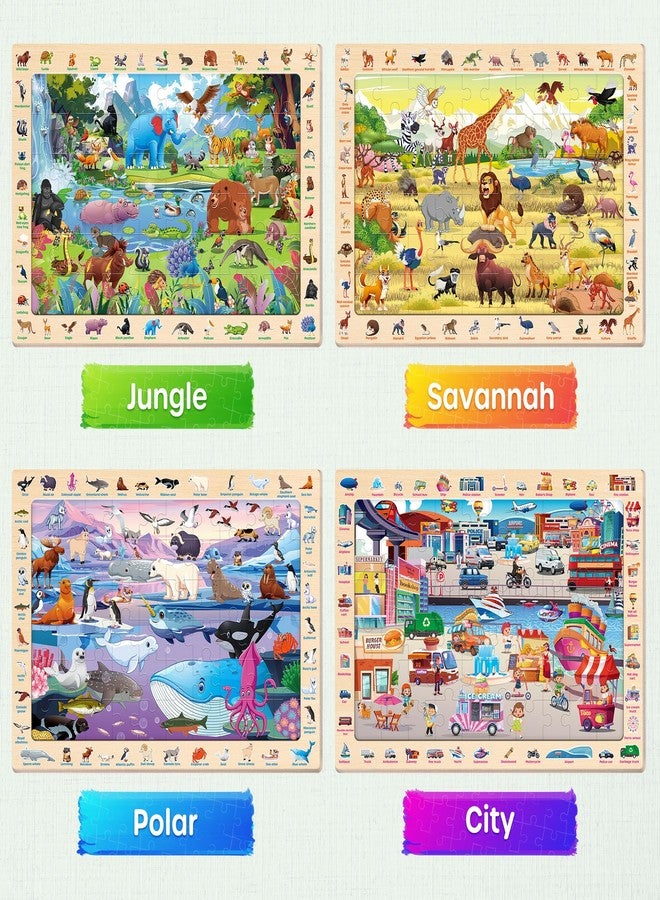 SYNARRY Wooden Puzzles for Kids Ages 4-6, 4 x 60 Piece Match & Find Puzzles for Kids Ages 3-5 Boys Girls, Educational Toys Gifts for 4-8 yo for Learning Jungle Savannah Polar Animals & City Life - Image 2